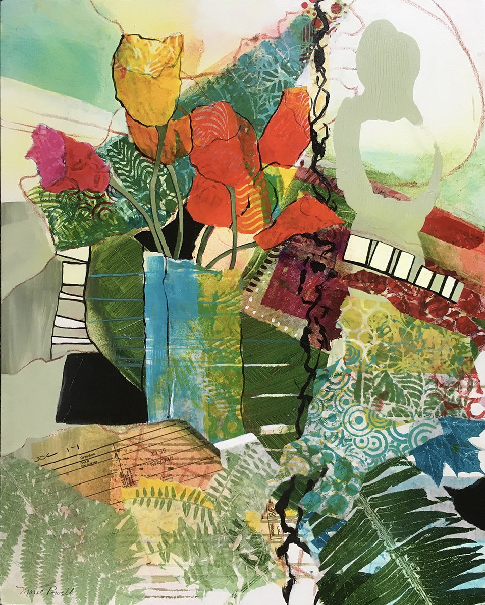 Still Life Patterns, 30x24 Mixed media on canvas, monoprint + acrylic, archival varnish, $2850