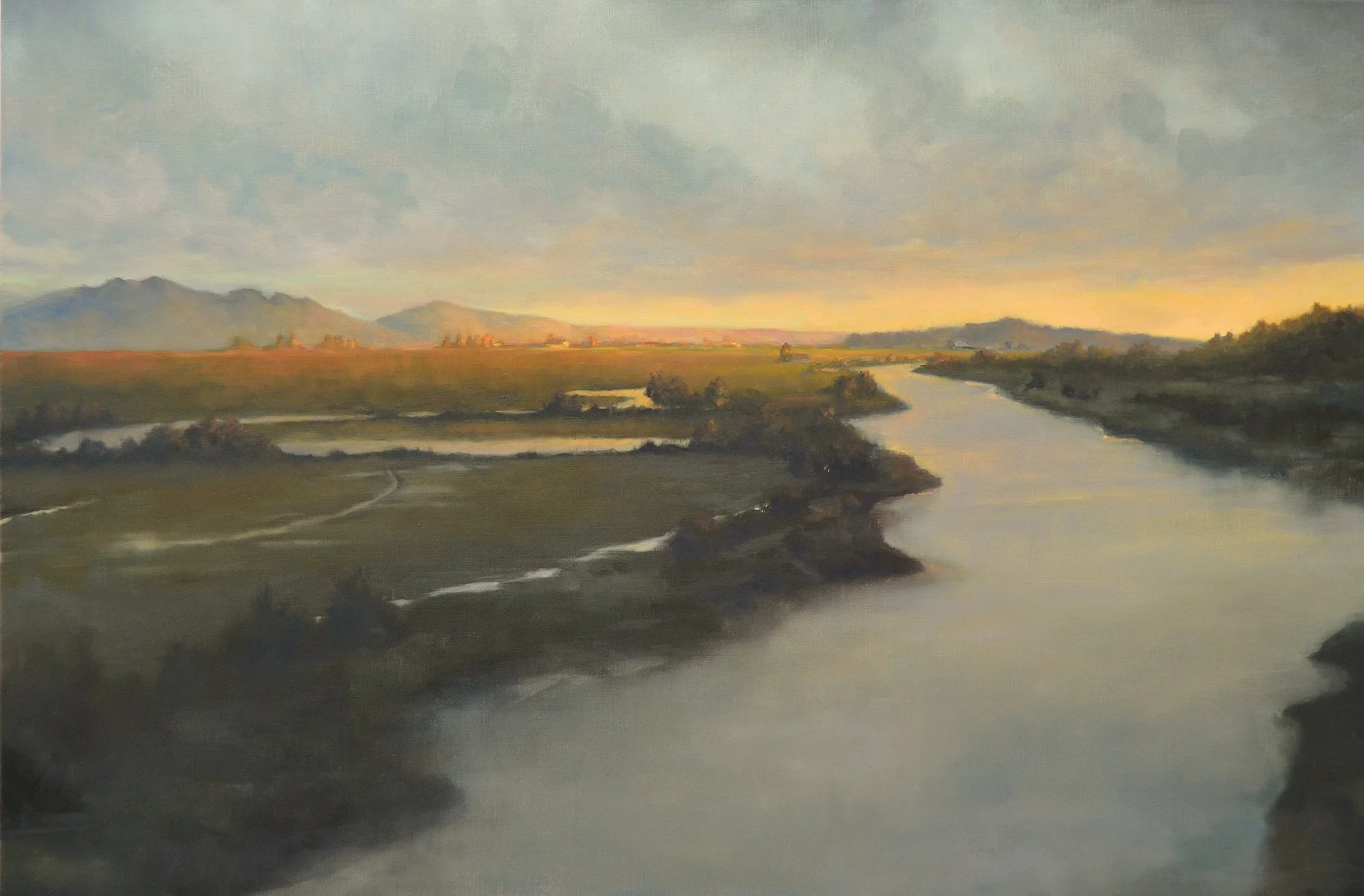 Sun Spills Over the Swinomish, 20x30 oil on linen, $2100