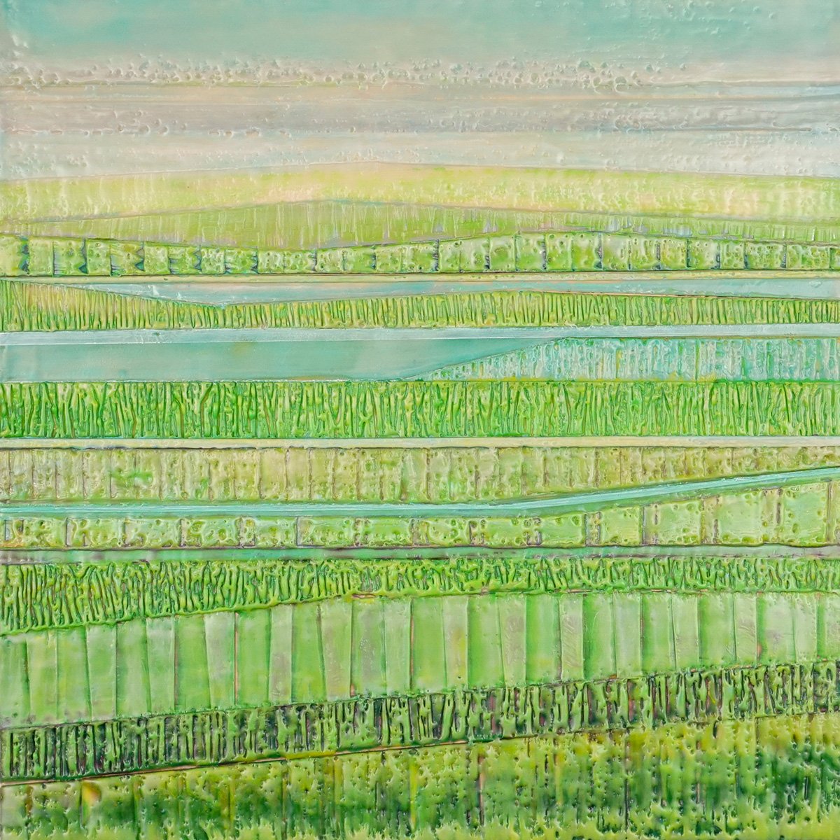 "Along the Backroads", 18” x 18” x 1.5” Encaustic and Oil, $550
