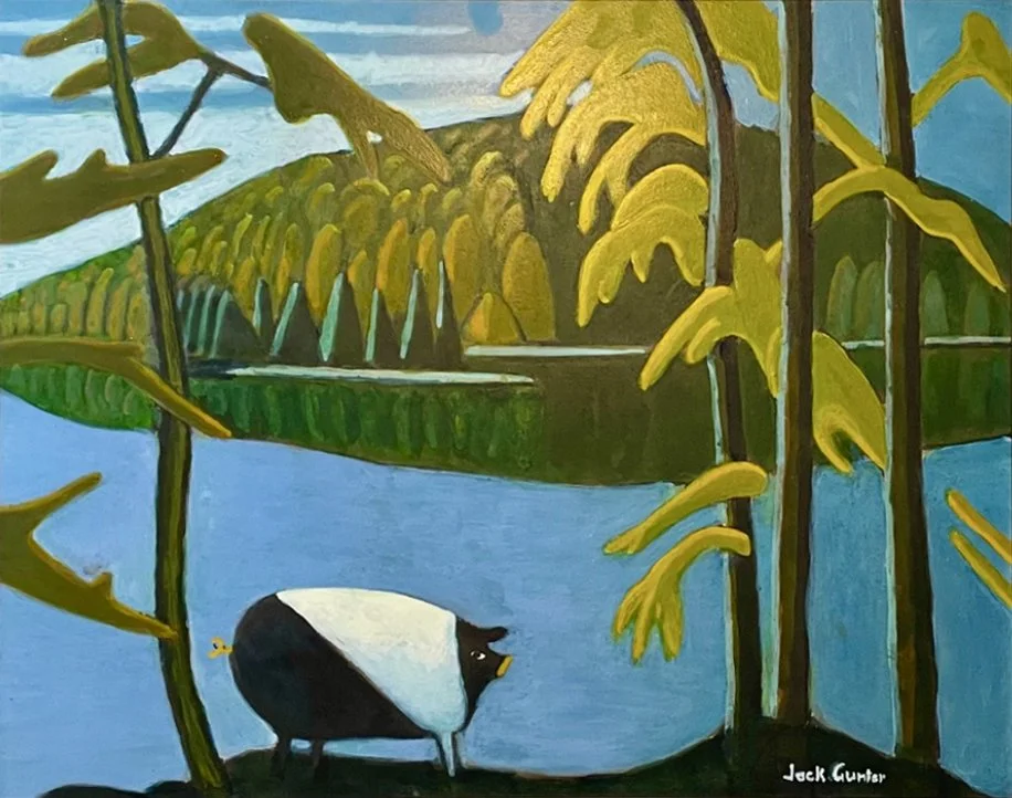 Mountain Lake with Pig, inspired by Lawren Harris, 30x24 egg tempera, $3200