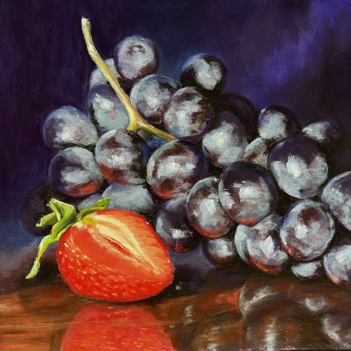 Strawberry with Grapes, 12" x 12" soft pastel. $600.