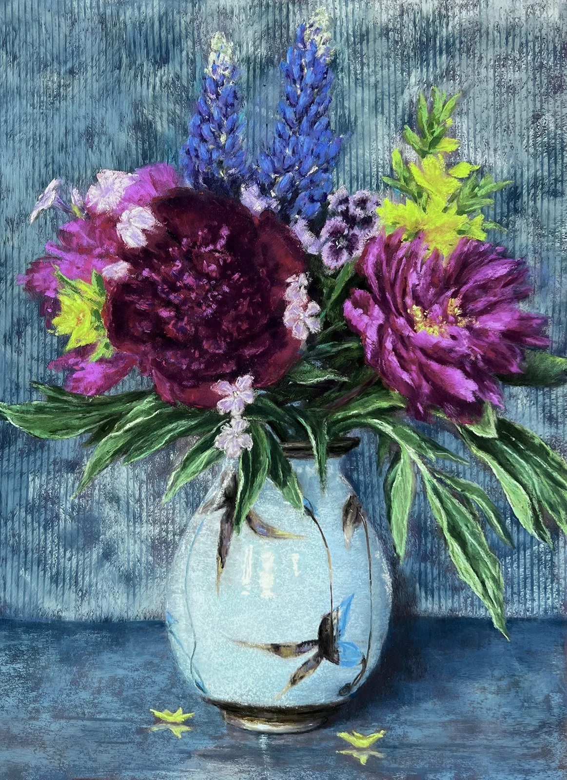 Megan Veldee - Peonies in Sam Scott Vase, 20x14 soft pastel, $1350
