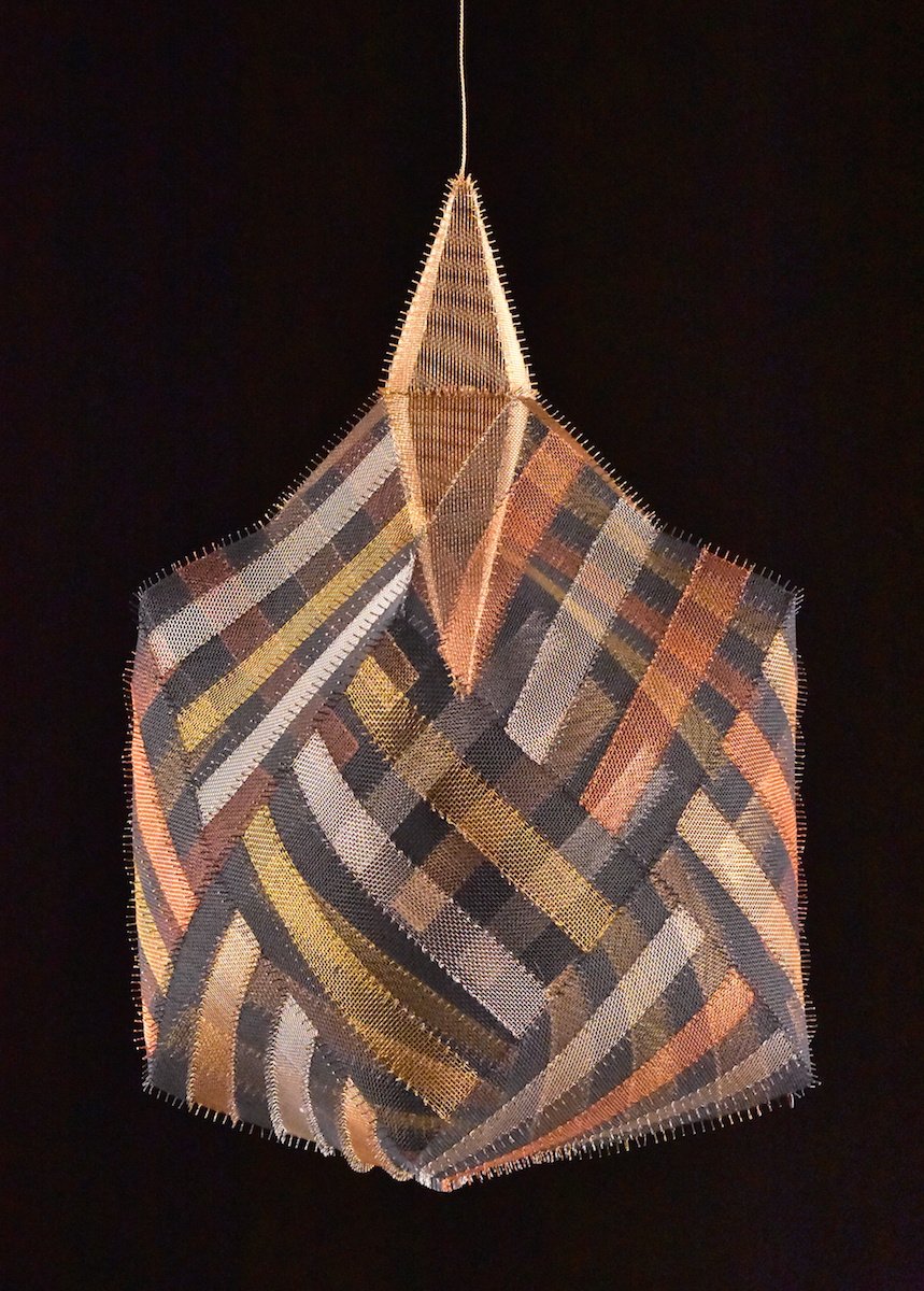 Stripe Container, copper, brass, stainless steel and aluminum mesh, wire, H21xW14xD14 $4,000