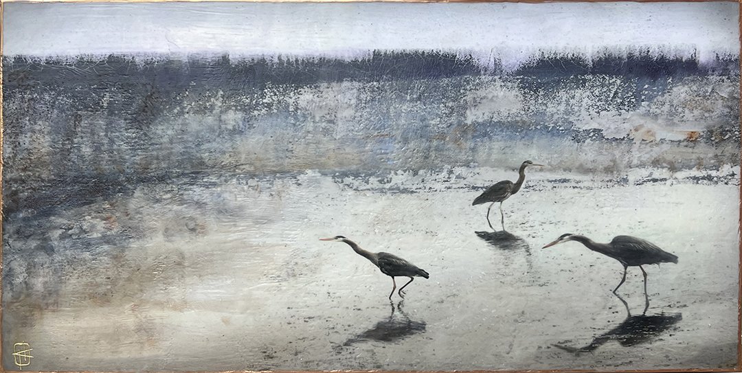 Marsh Herons, 15x30 photo encaustic, $495 SOLD