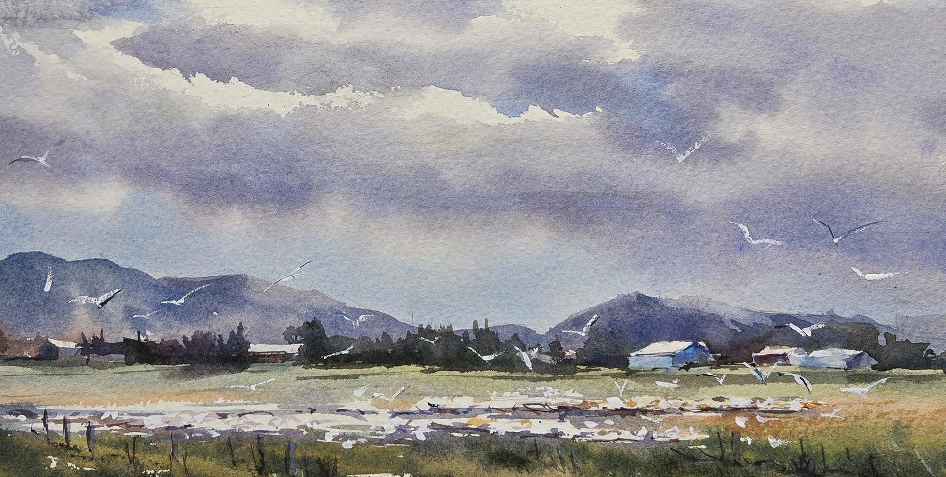 Suzanne Powers - Snow Geese Season; 5x12 watercolor, $600