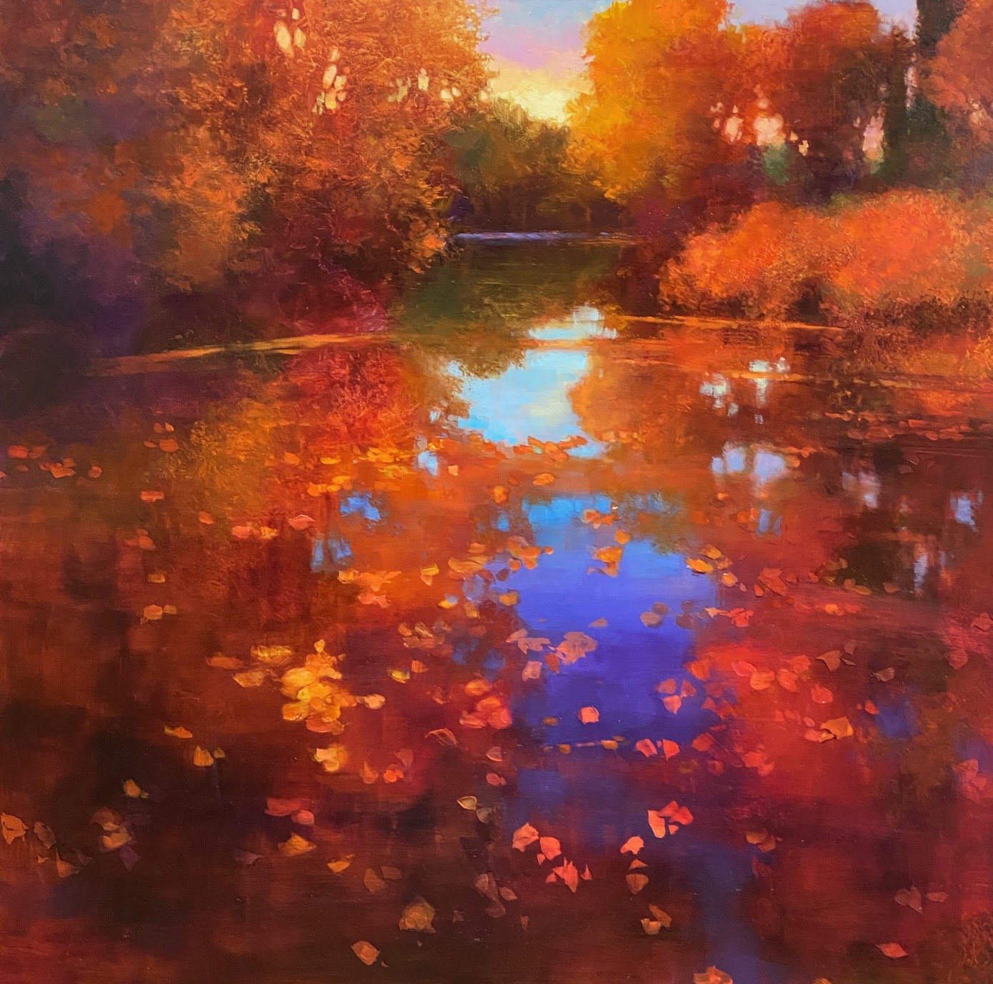 Autumn on the Pond, 24x24 oil, $2600