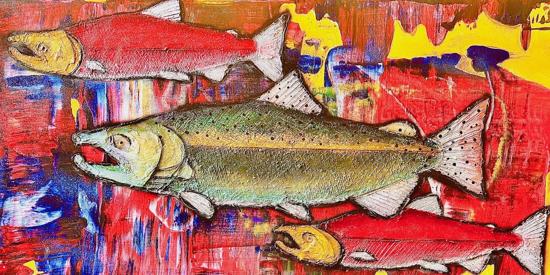 Chinook with Two Sockeye, 24x48 mixed media, $3500