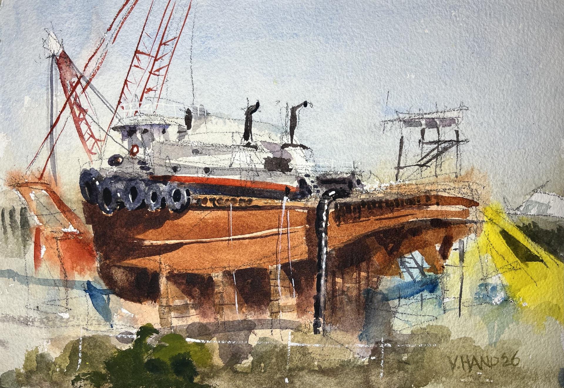 Virginia Hand - Boatyard Sunday; 7x10 watercolor, $550
