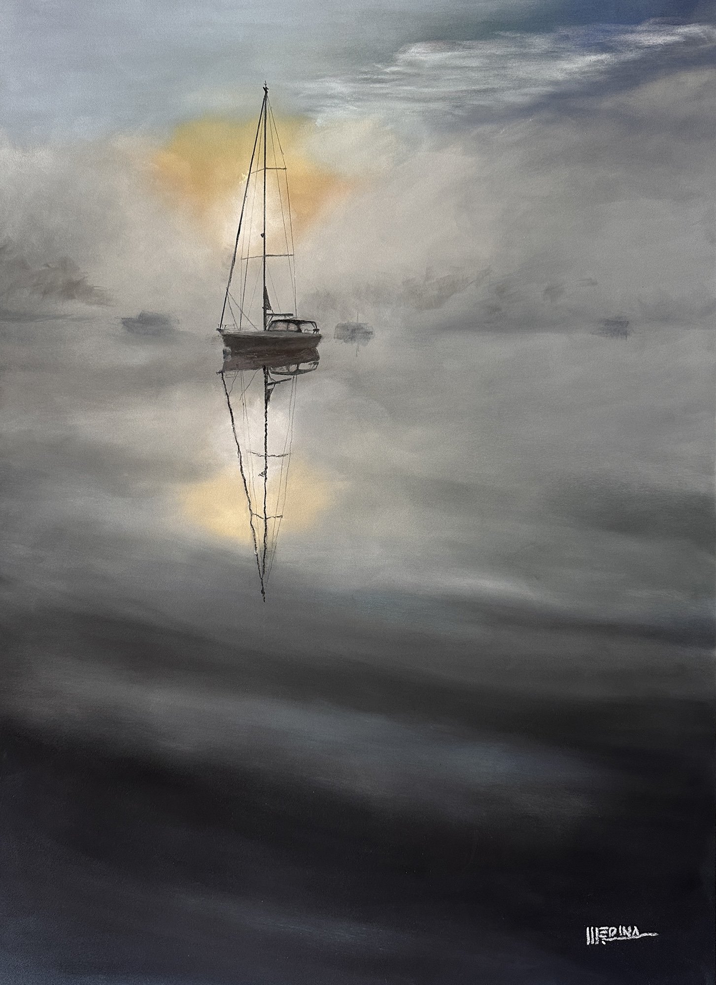 Tranquil Dawn on Prevost Harbour, 27.5x19.5 pastel, $1850