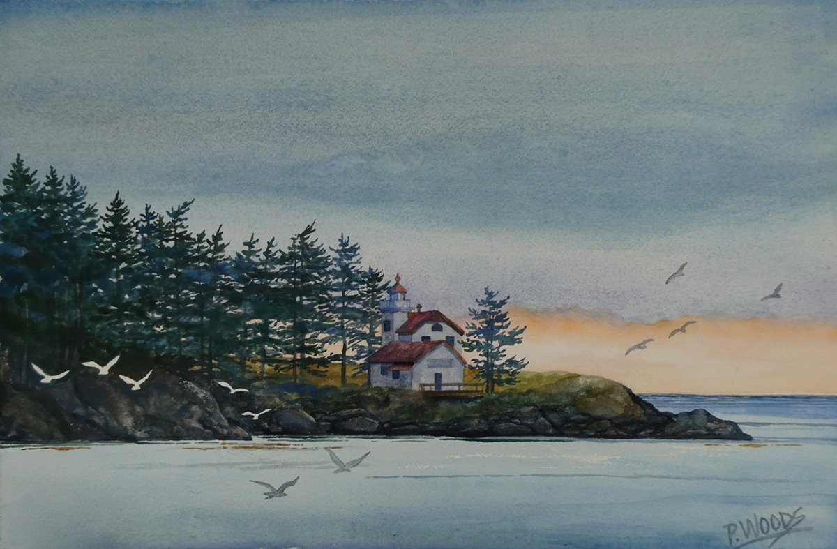 Burrows Island Light, 13x19 watercolor on panel, $800