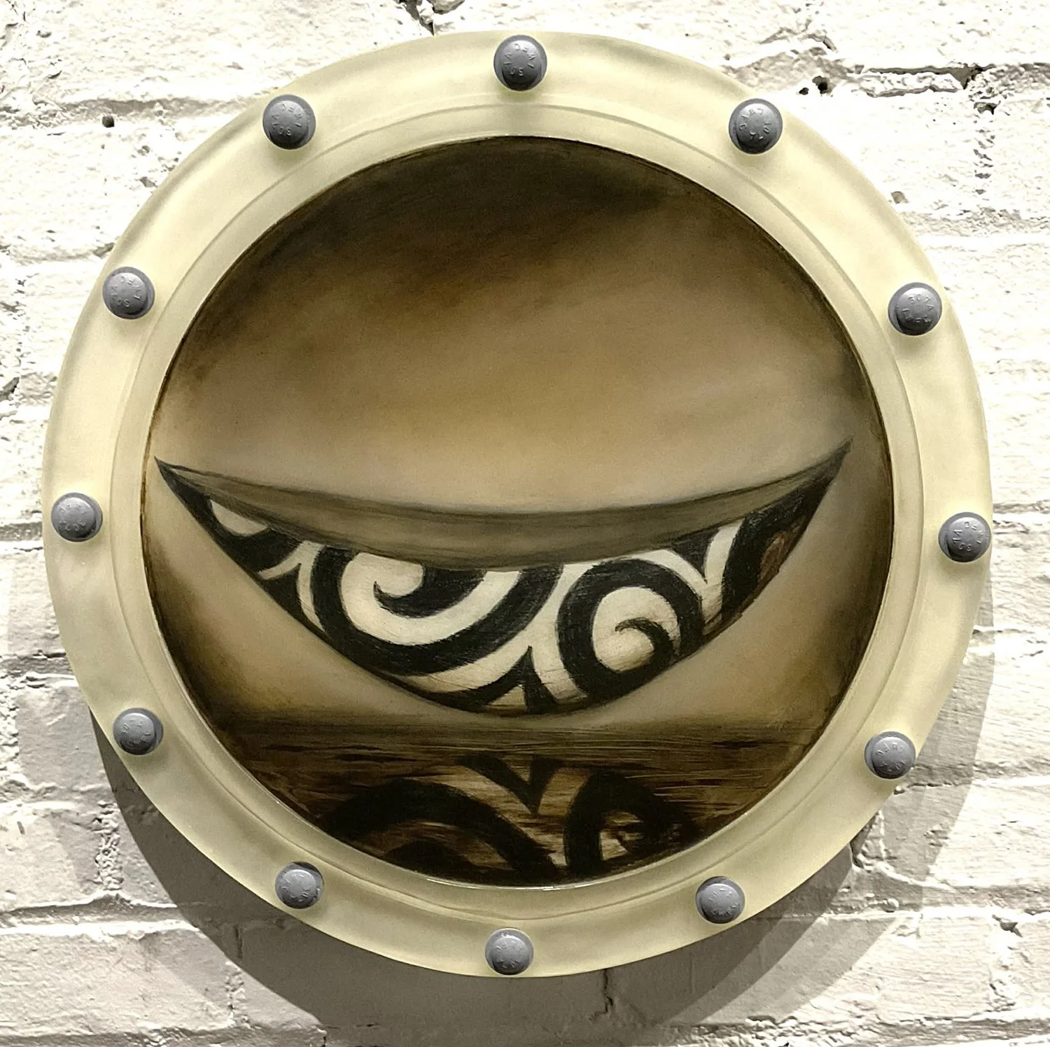 Steve Jensen - Journey Through the Porthole, 20x20 oil on cast resin, marine hardware, $2800