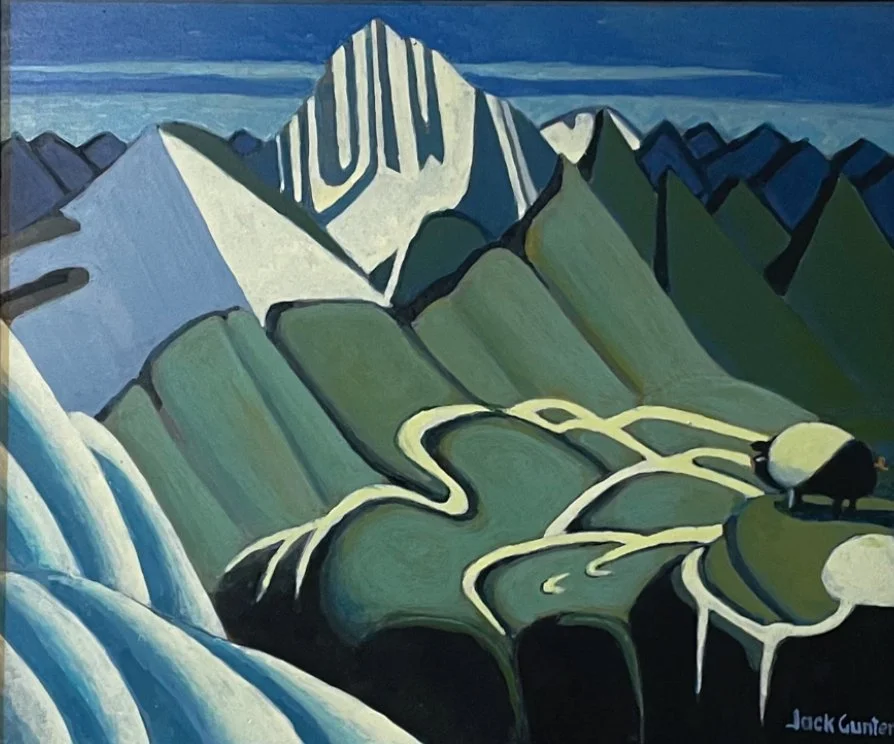 Mountain Sketch with Pigs, inspired by Lawren Harris, 32x40 egg tempera, $3200