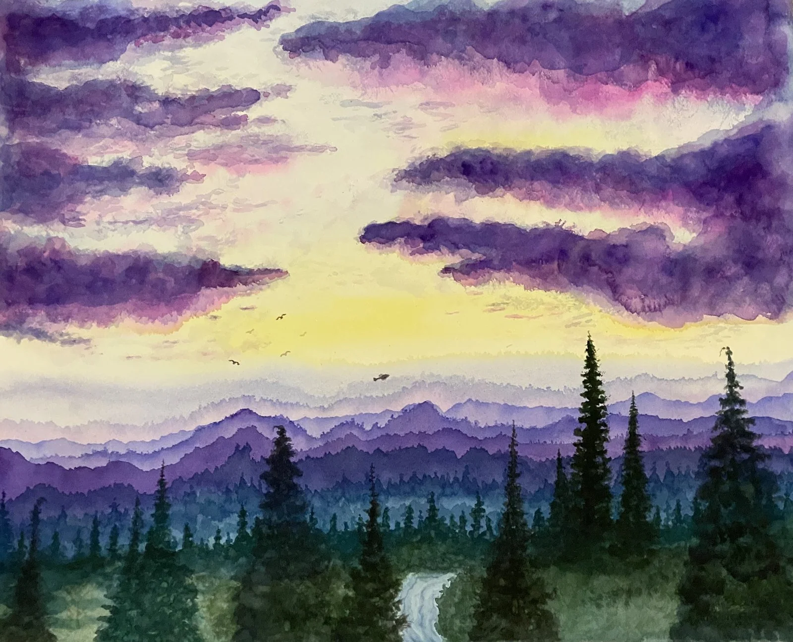 Jes Sarr Lewis - Purple Flight, 16x20 watercolor, $636