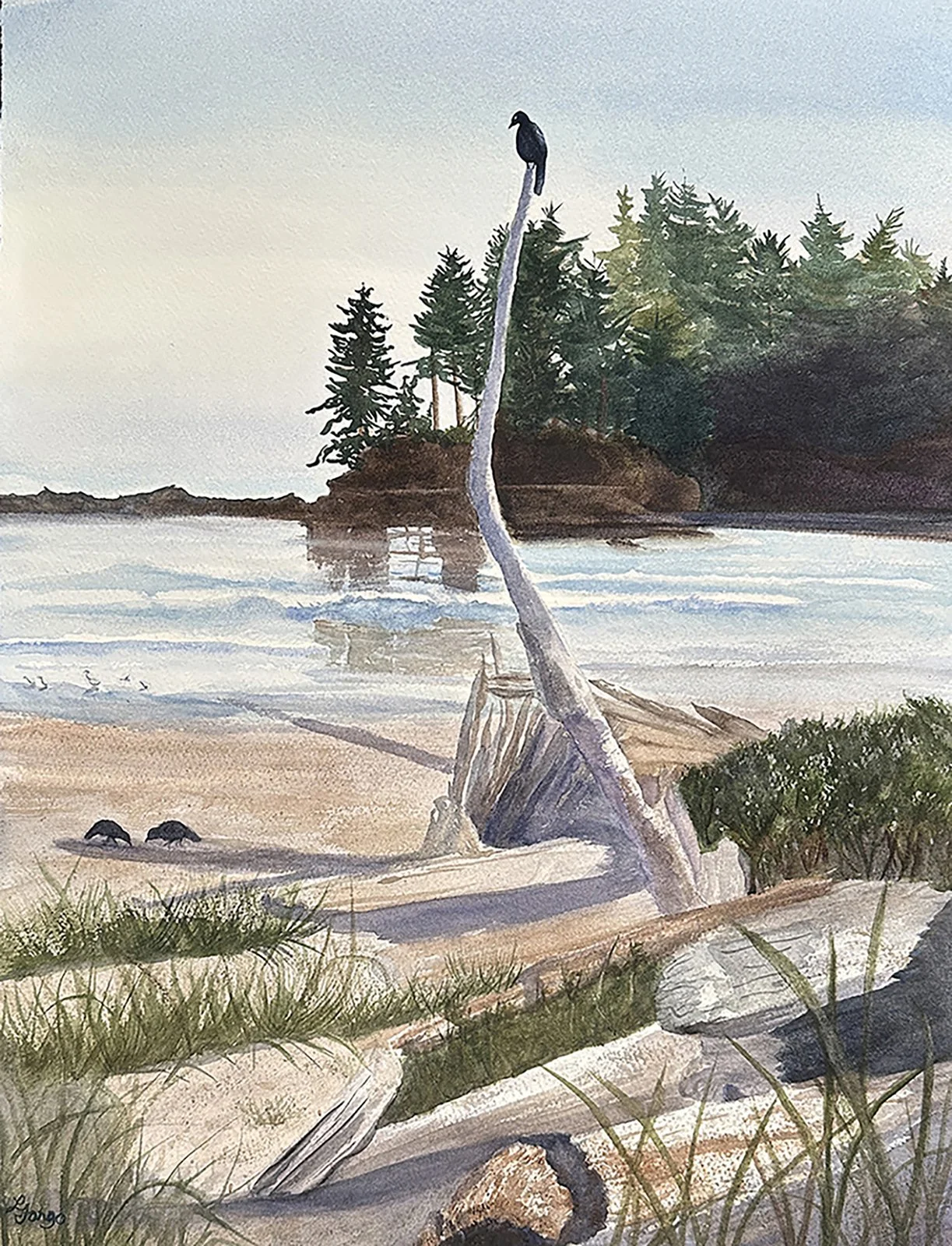 Lynn Fargo - Crows on the Beach, 20x16 watercolor; waxed, $600