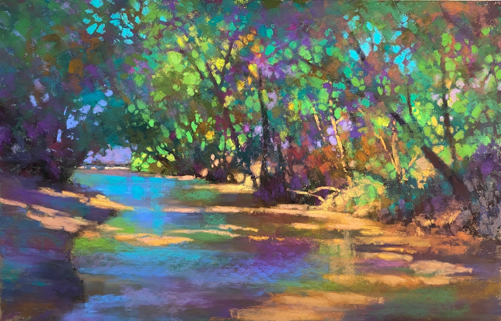 River's Dappled Flow, 16x24 pastel, $1900