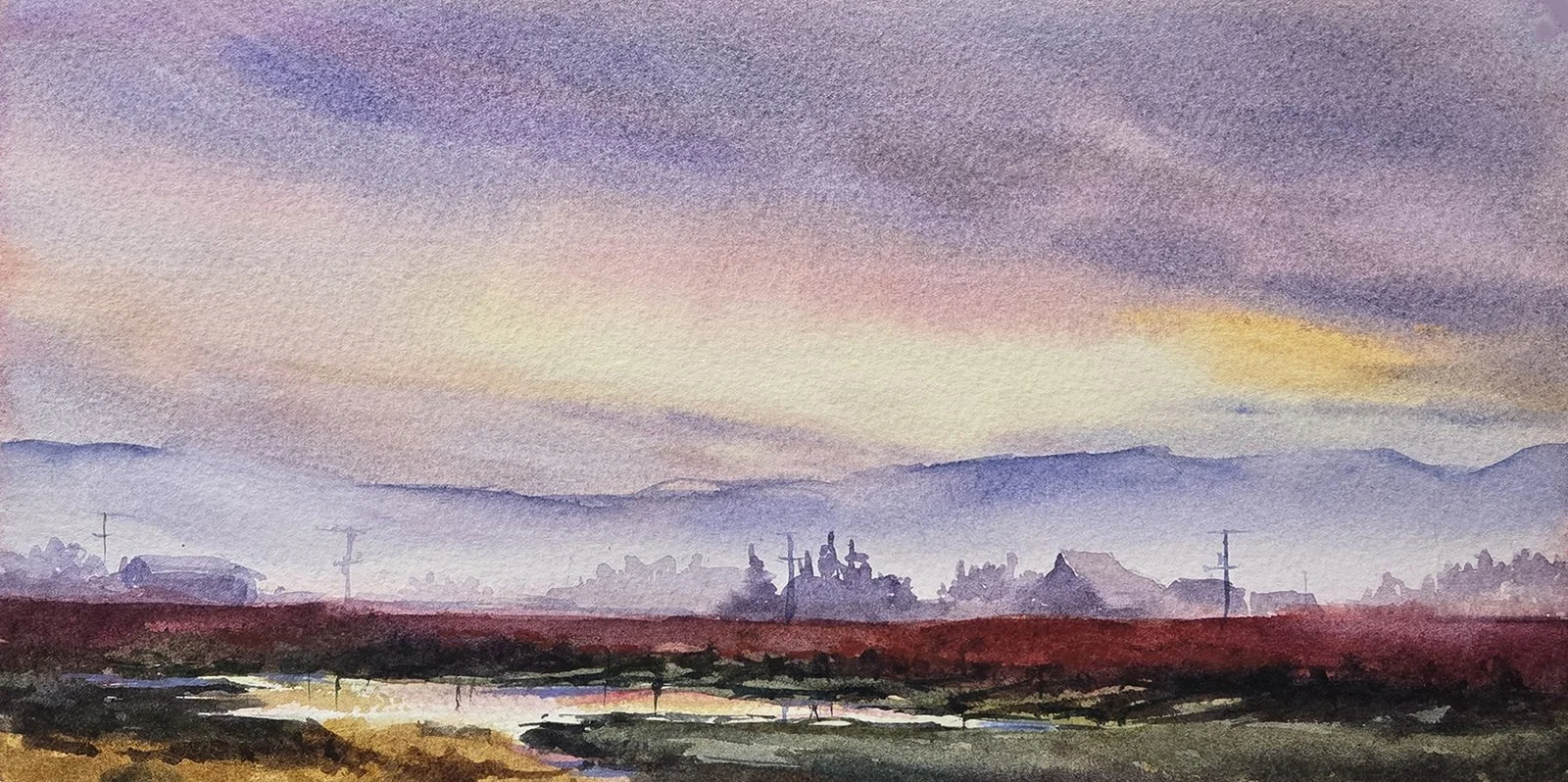 Skagit Morning Light, 7x14 watercolor, $650