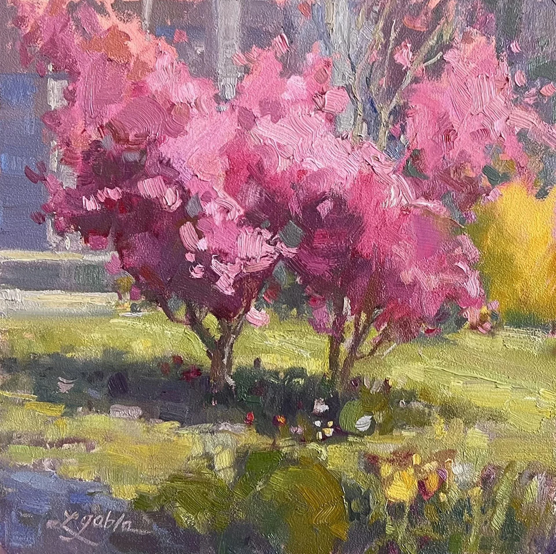 Laura Gable - Dancing Dogwoods; 11x11 oil, $750