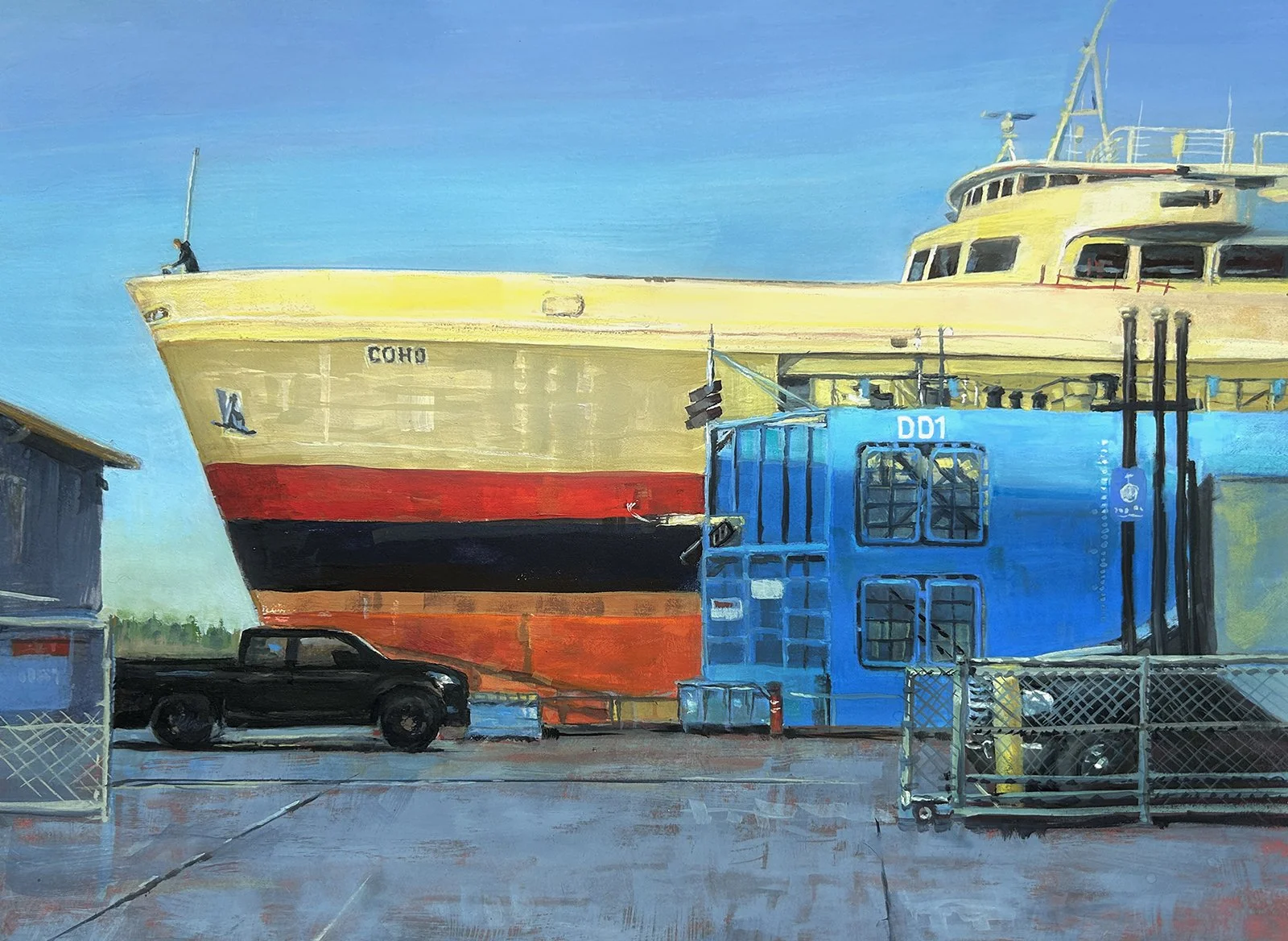 Charlene Hall - Coho at Floating Dry Dock, 12x17 Gouache, $700