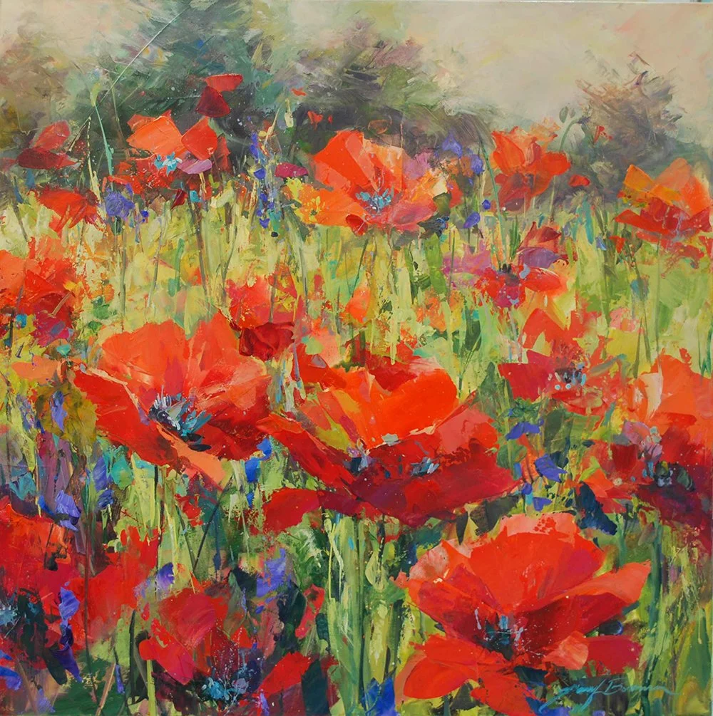 Knee Deep in Poppies, 24x24 acrylic, $1100