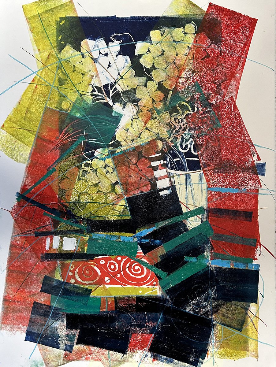 Crazy Hydrangeas, 30x22 Oil ink (monoprint + painting) on 100% rag on cradled wood panel, $1650