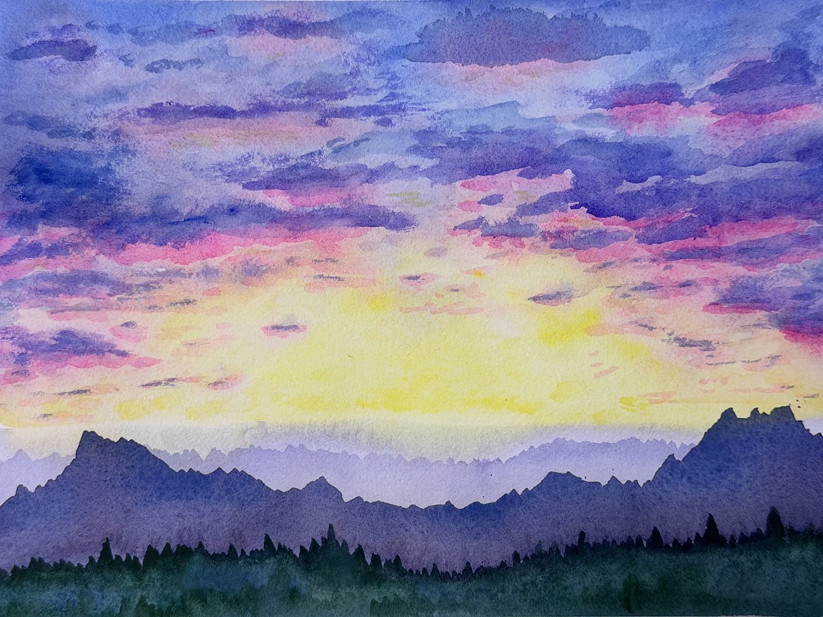Jes Sarr Lewis, Sunglow with Pink Clouds, 10x14 watercolor, $400
