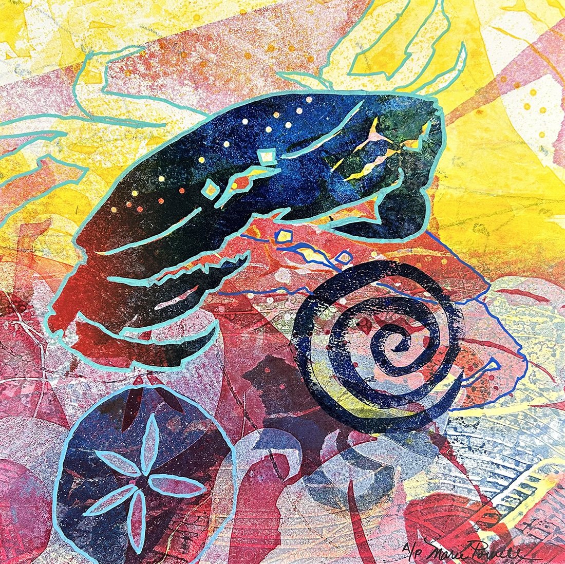 Dungies A/P, varied edition, 12x12 Original monoprint, oil based inks on 100% Rag on board, archival varnish, $485
