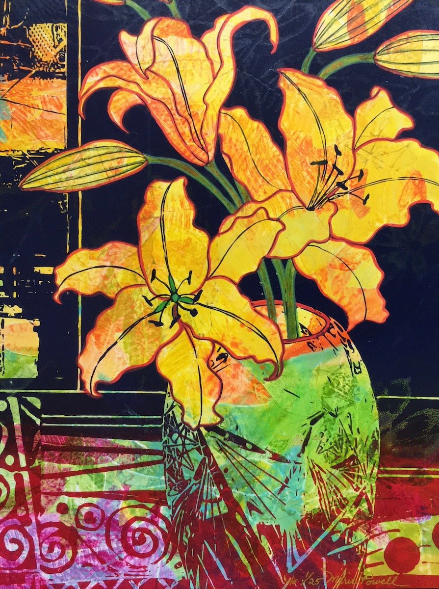 Lillies #1/25, 16" x 12" Monotype + Serigraph. $450.