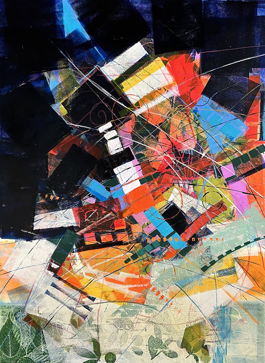 Fiesta with Tulips, 30x22 Oil ink (monoprint + painting) on 100% rag on cradled wood panel, $1650