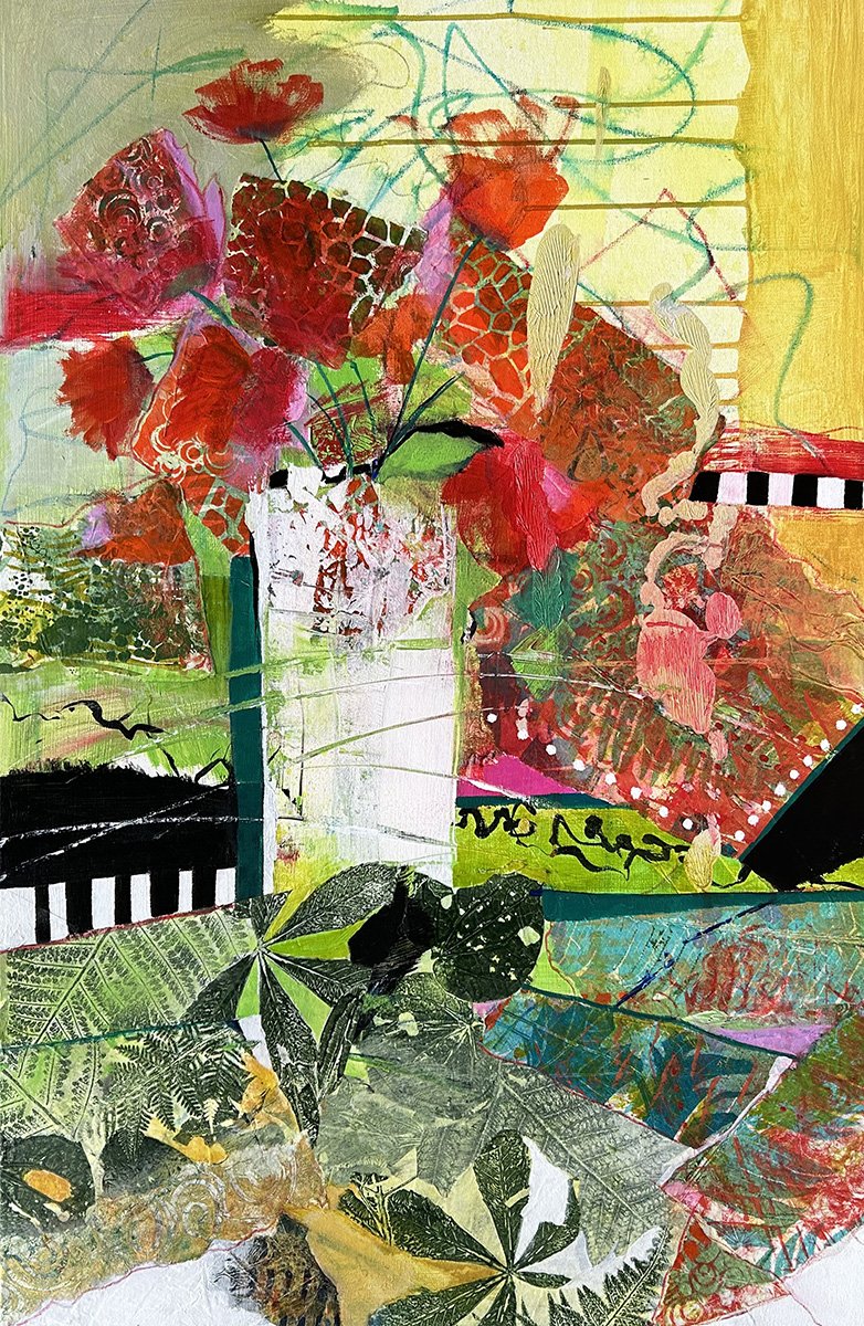 Flowers in White Vase, 35.5x23.5 Mixed media on canvas, monoprint + acrylic, archival varnish, $3350