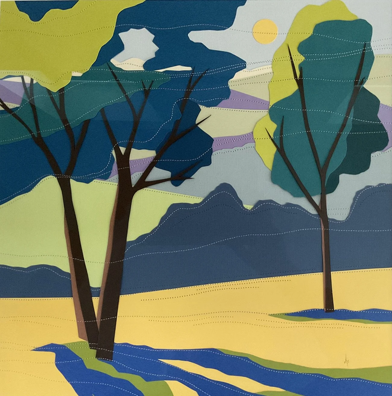 Diane Sarr - Summer Shadows, 23x23 stitched paper mixed media, $675