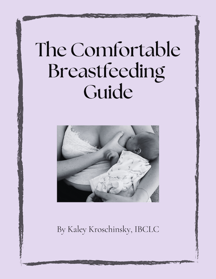 Book cover titled 'The Comfortable Breastfeeding Guide' by Kaley Kroschinsky, IBCLC. Features a black-and-white photo of a woman breastfeeding a baby.