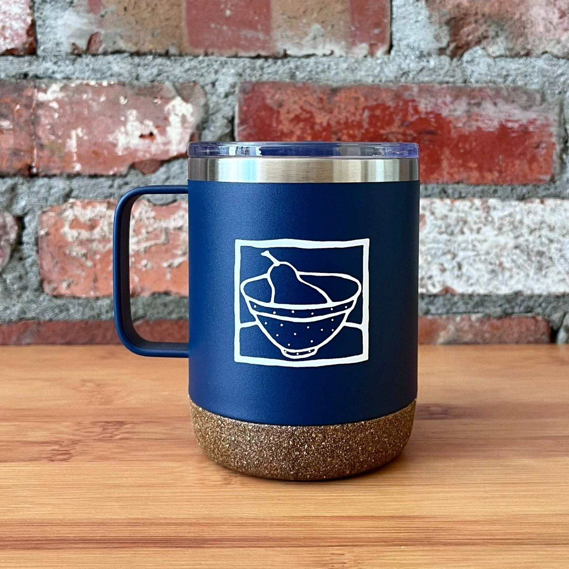 navy thermal mug with Ramone's logo