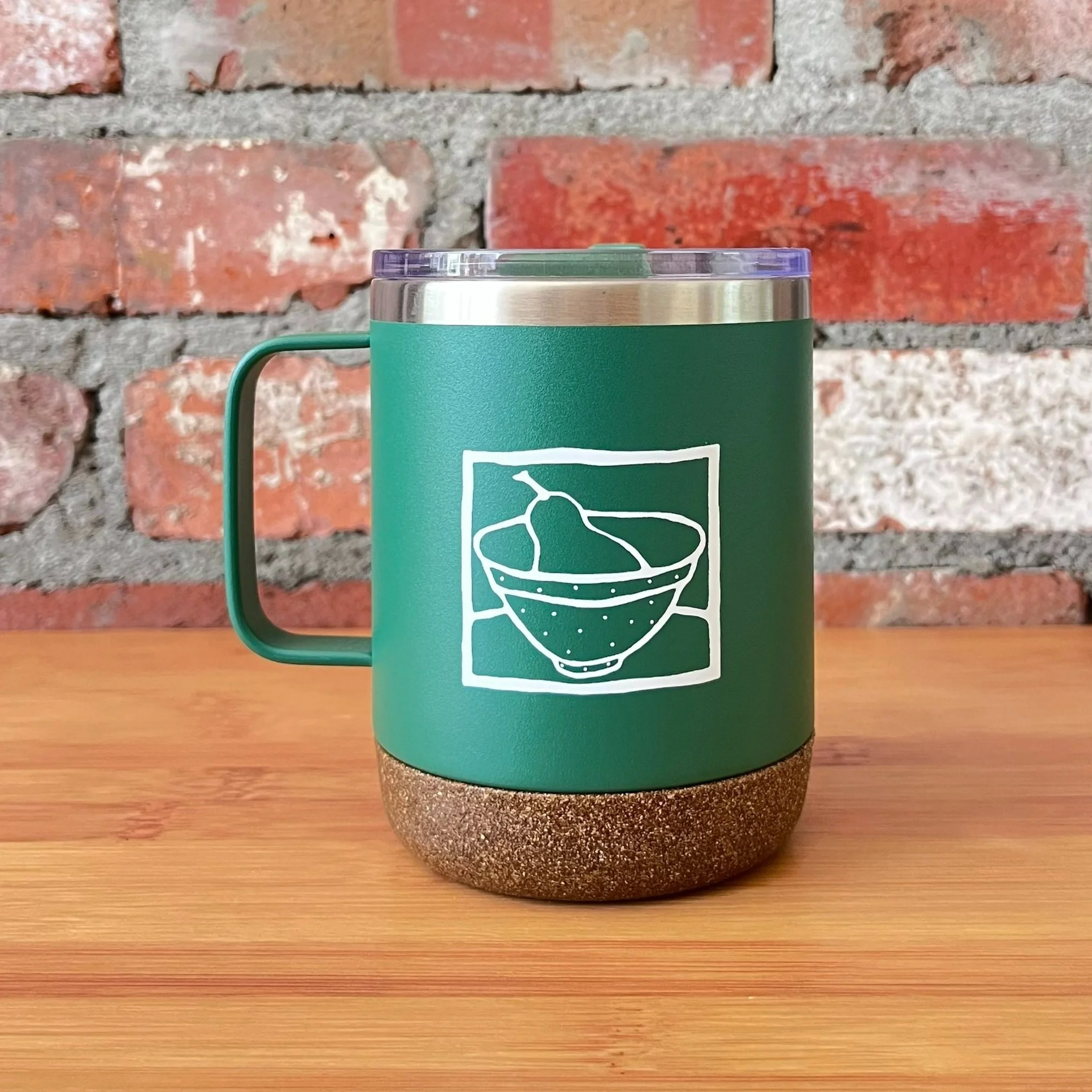 dark green thermal mug with Ramone's logo
