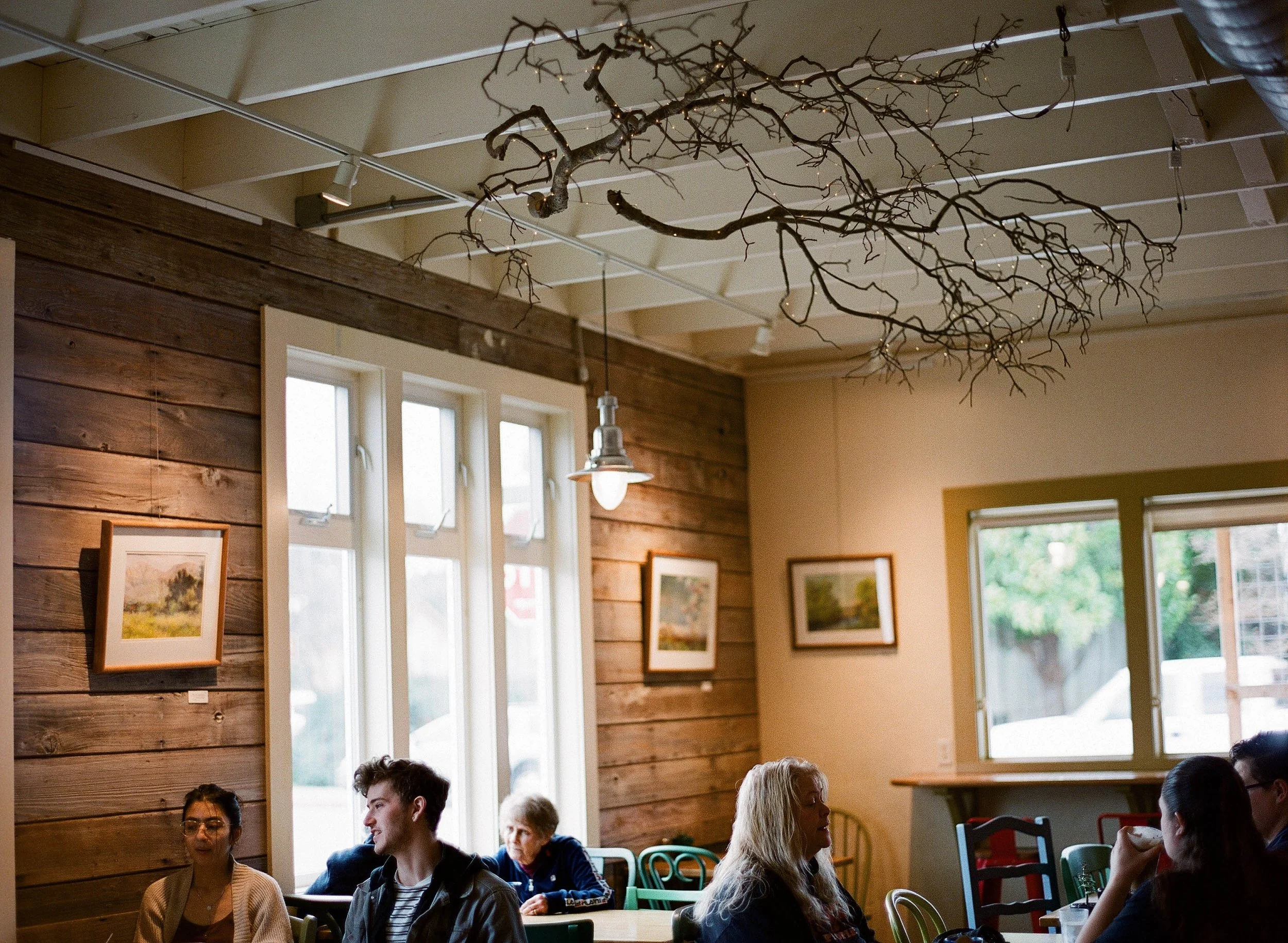 warm and cozy cafe interior with tall windows and customers at tables