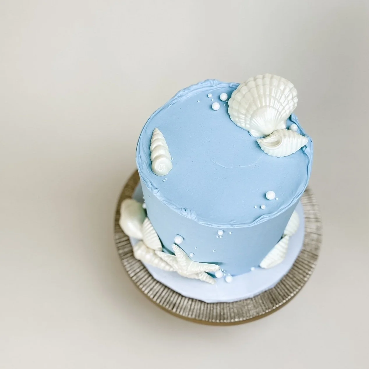 blue cake with white chocolate shells