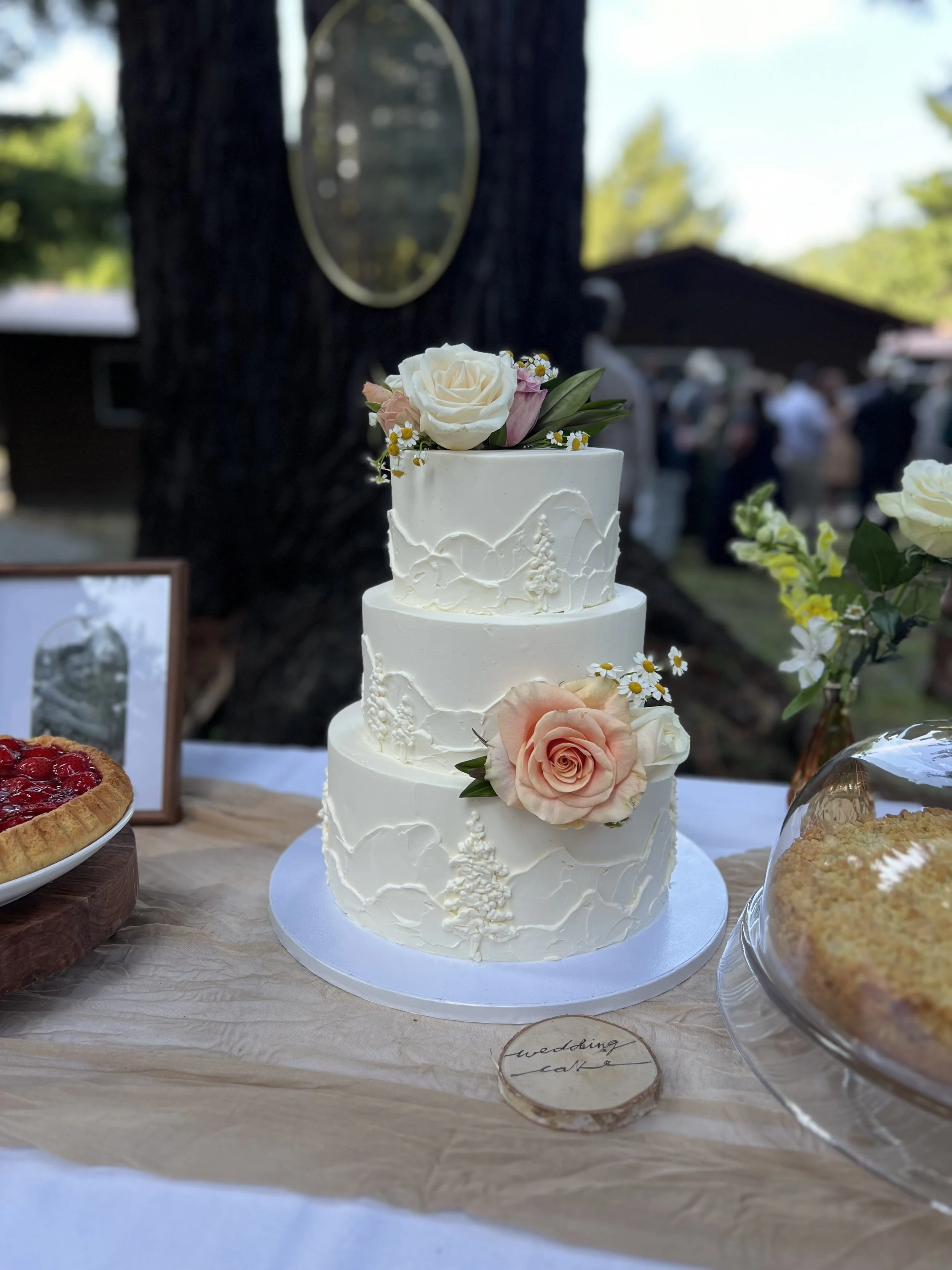 white wedding cake piped with a mountain design in white frosting