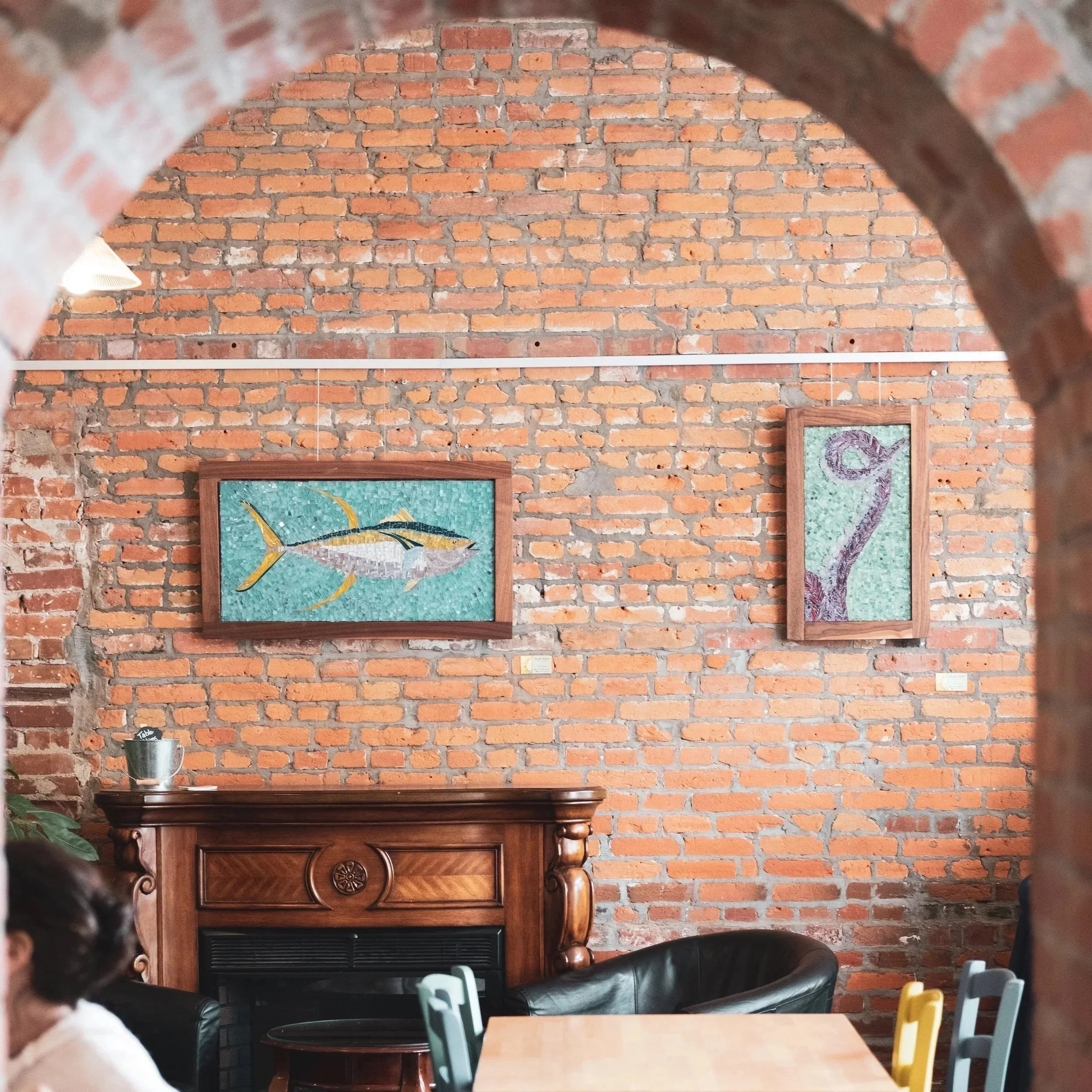 Interior of brick walls with art in old town