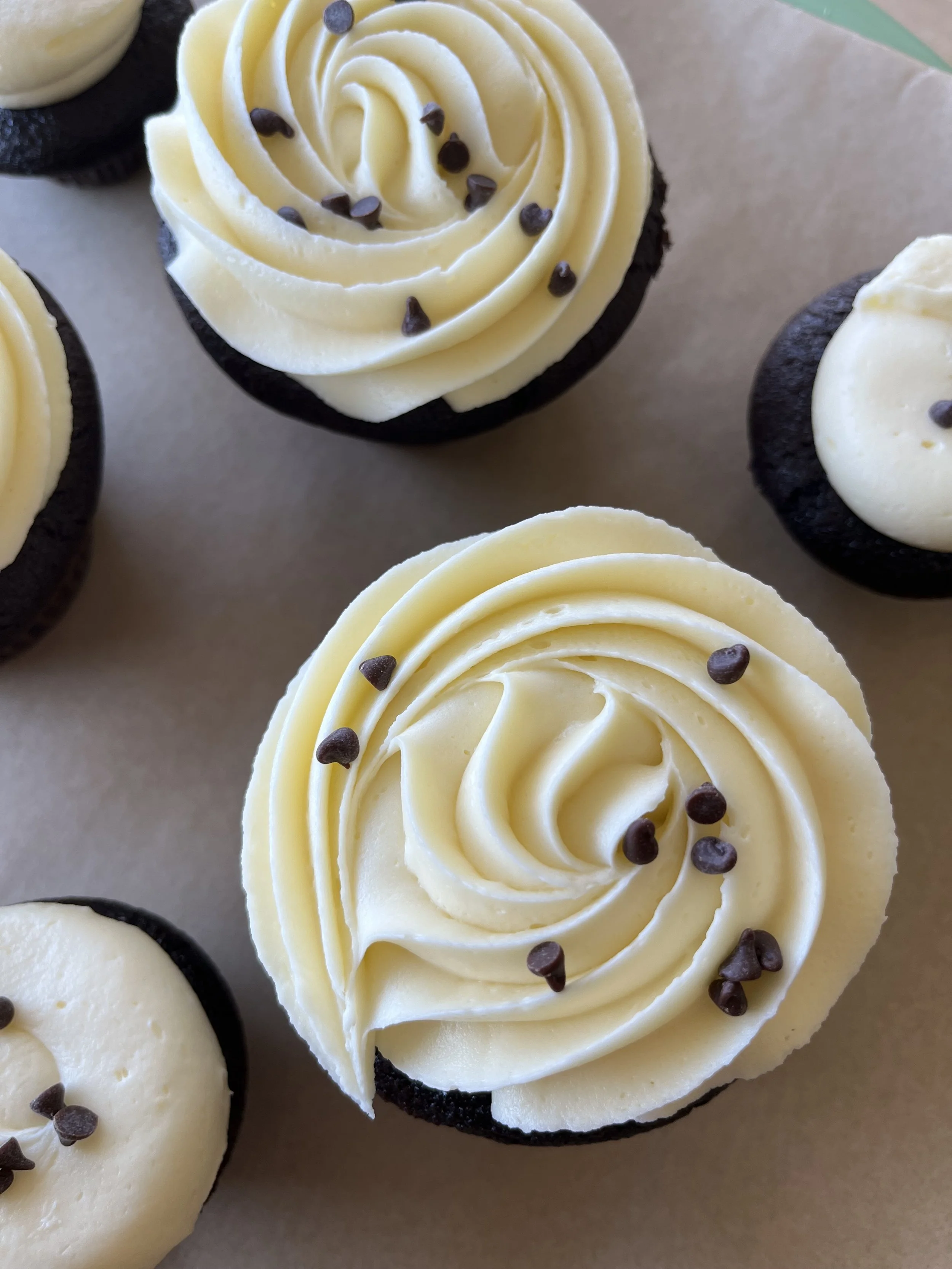 Chocolate cupcakes topped with vanilla frosting and chocolate sprinkles