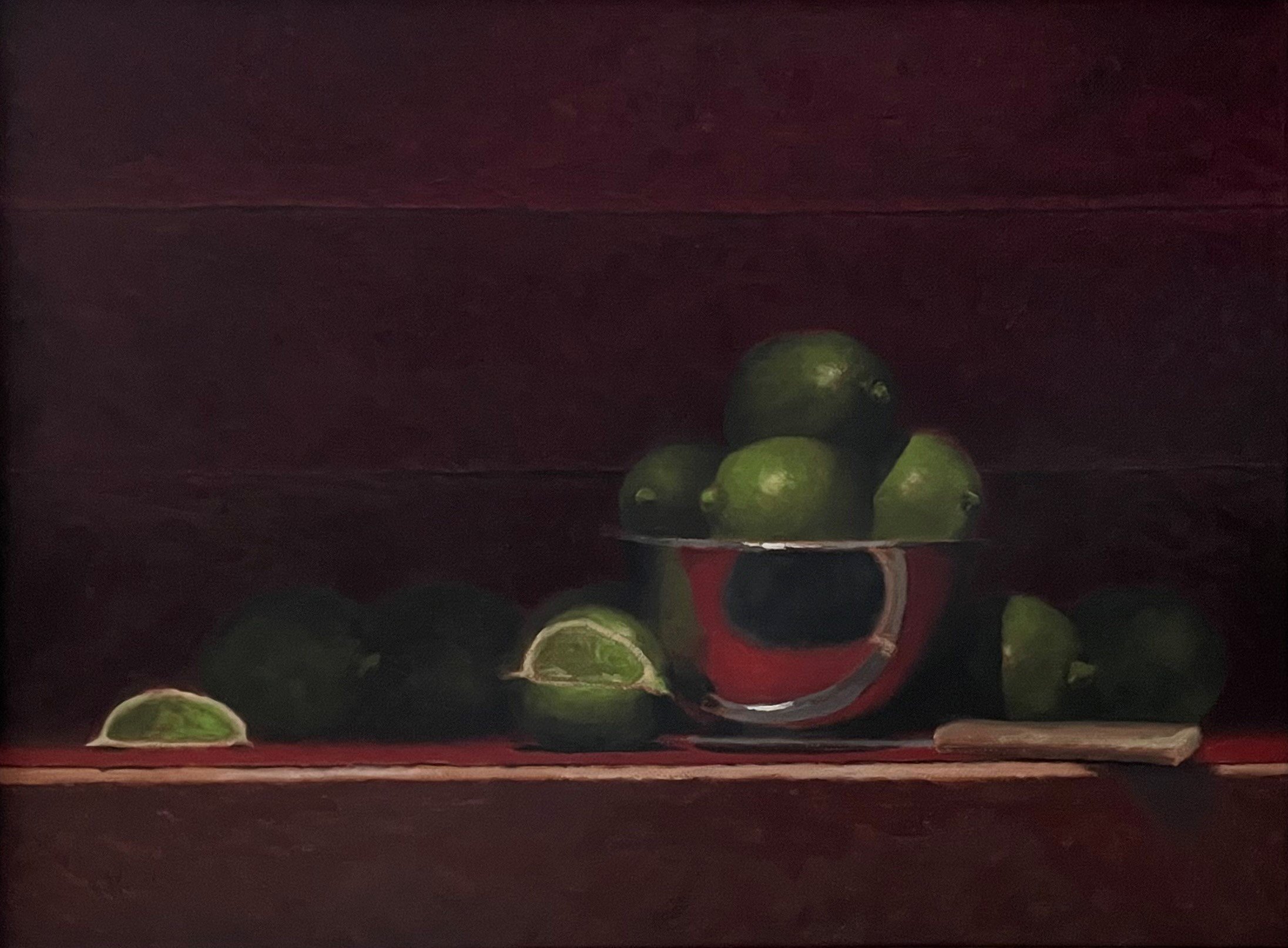 Limes in a Silver Bowl, 2022.  Oil on 12x16" linen on panel. 