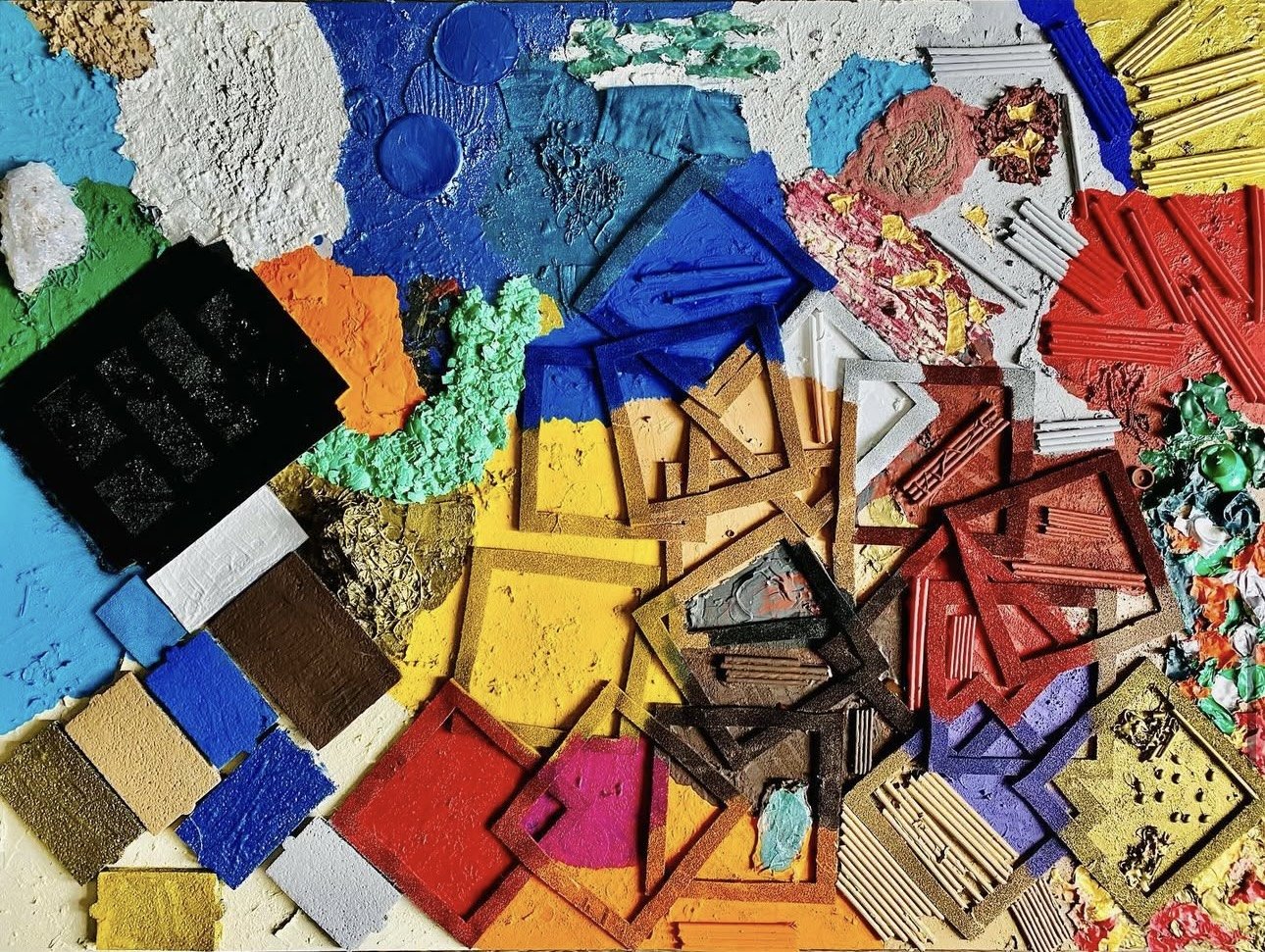 "Cruel," 2023, mixed recycled materials and acrylic paint on canvas, 48 x 36 inches