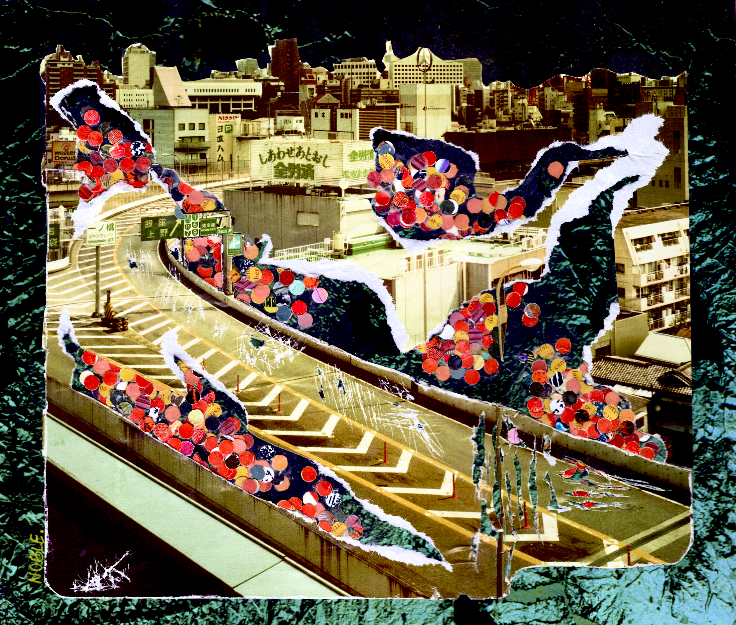 "Fall Through Space," 2024, Cheeze It Box, analogue collage,  13x14 inches