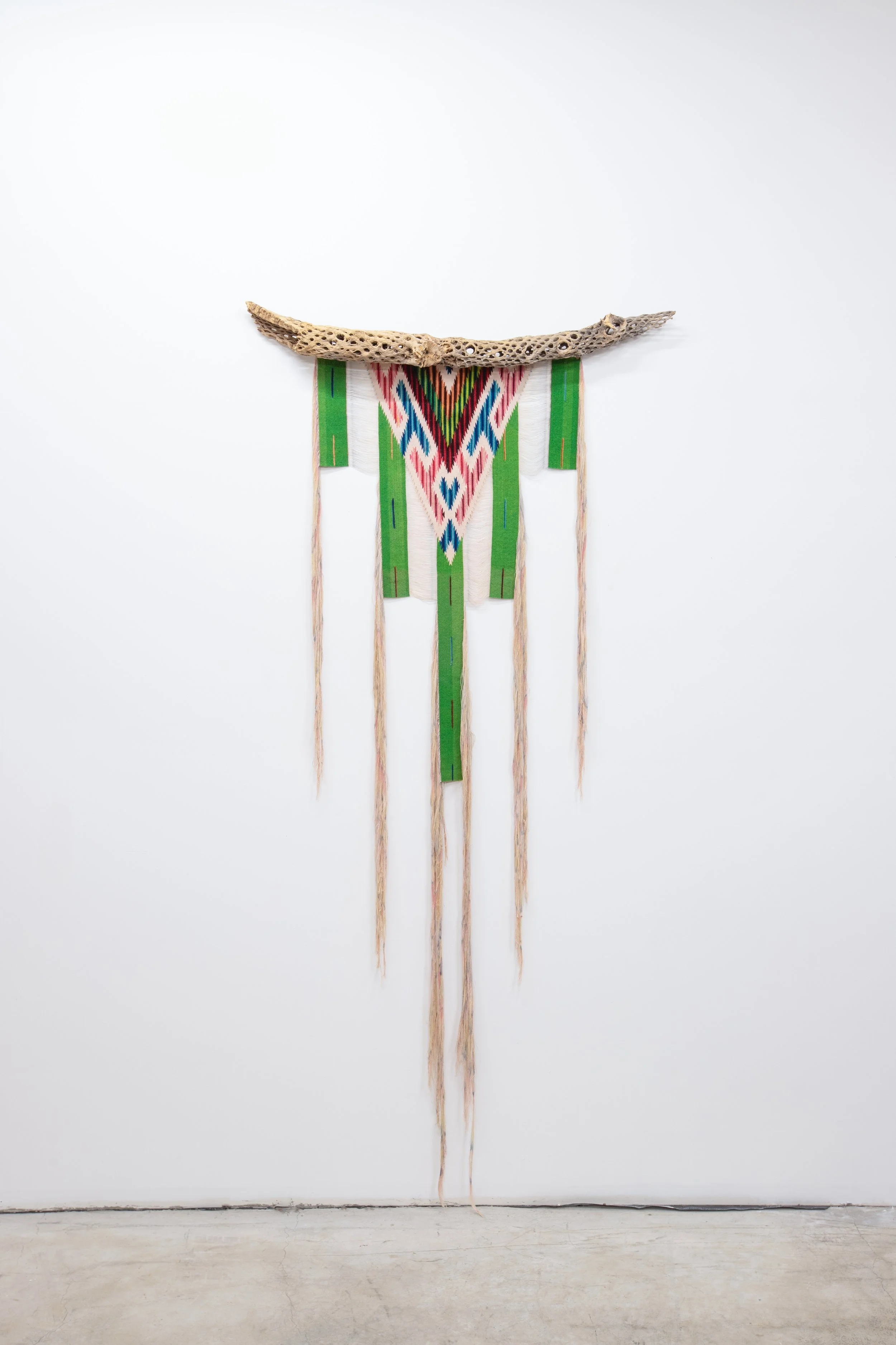 "Ancestor once known; we remember," 2024,
dismantled serape (Mexican blanket), secondhand cholla skeleton from Arizona, handmade copper hooks, copper nails, drywall screws, 81 1/2 x 37 x 6 inches