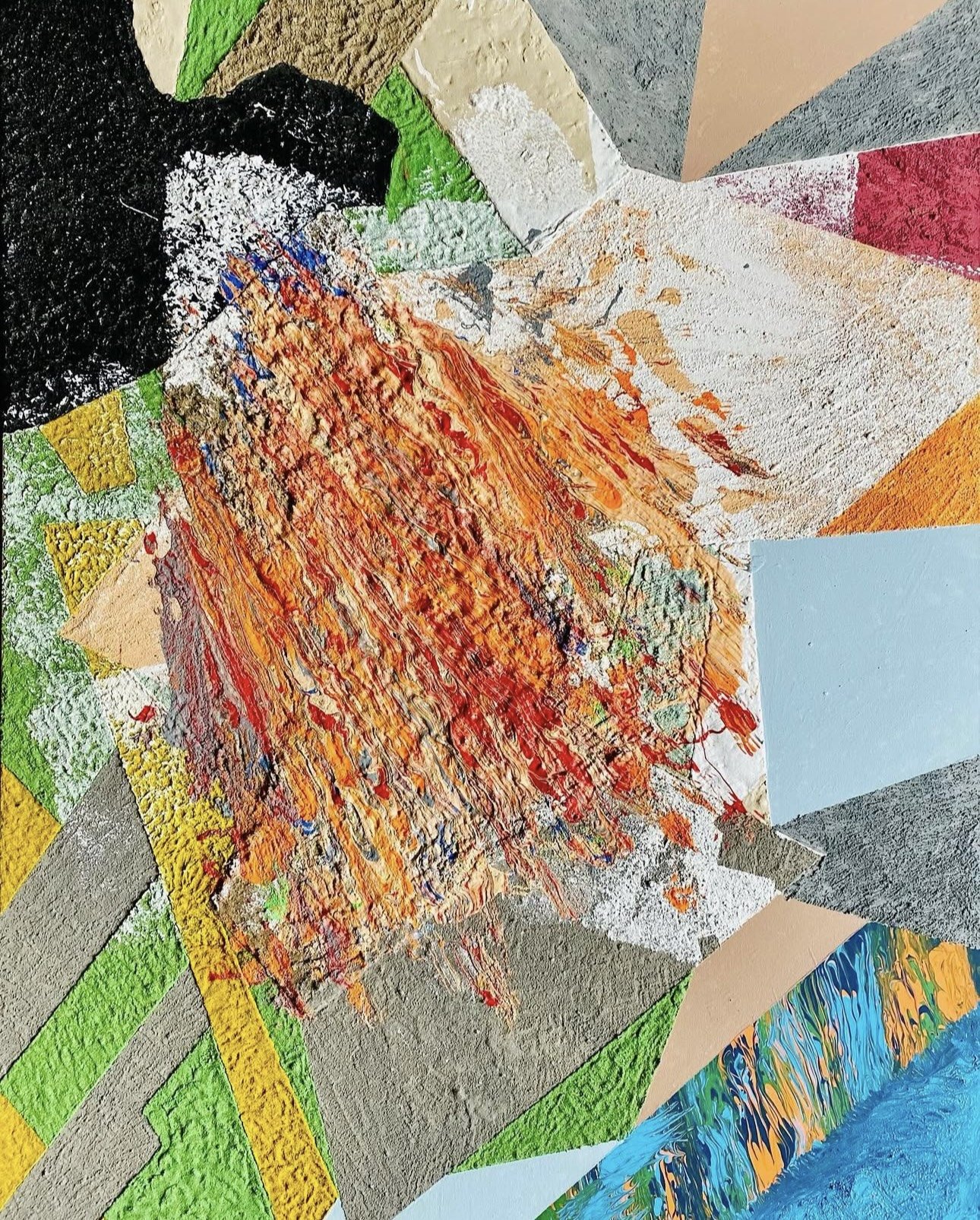 "Burst," 2023, mixed recycled materials and acrylic paint on canvas, 48 x 36 inches