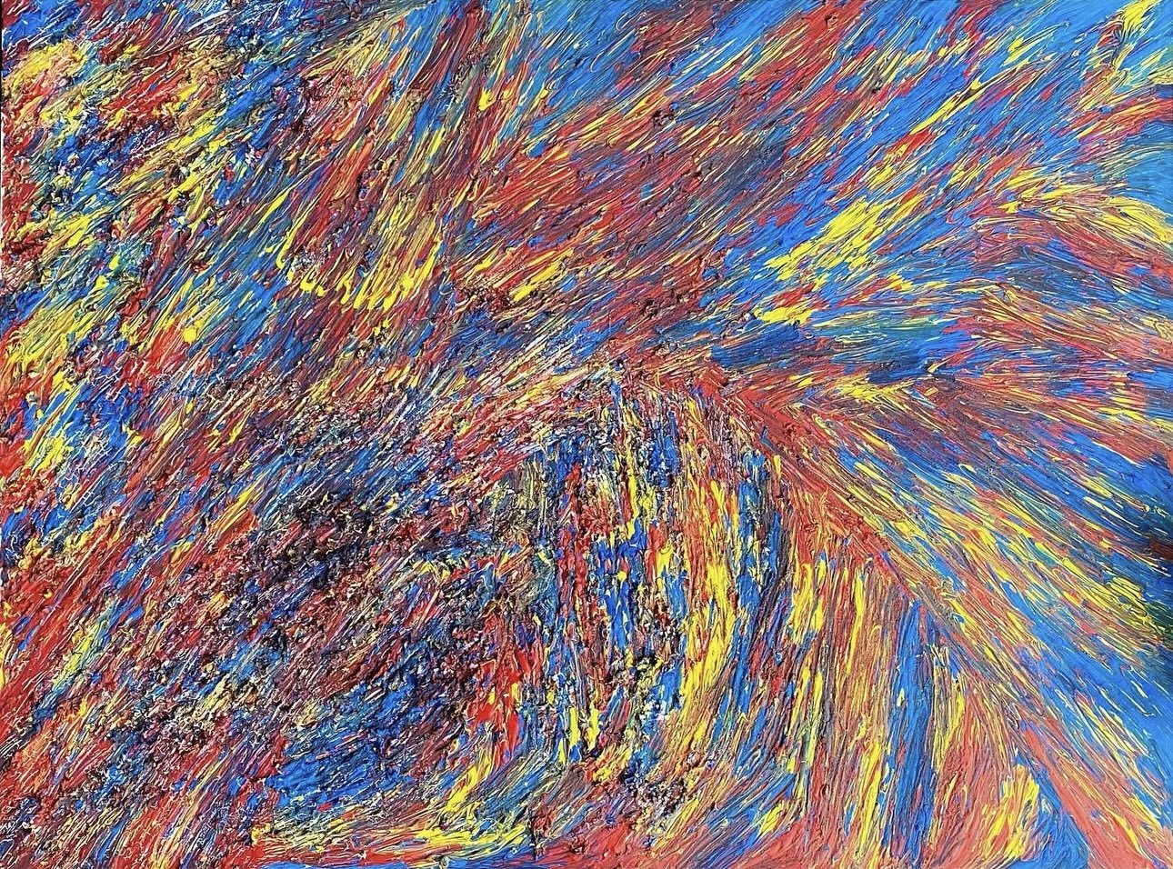 "Primary," 2022, mixed recycled materials and acrylic paint on canvas, 48 x 36 inches