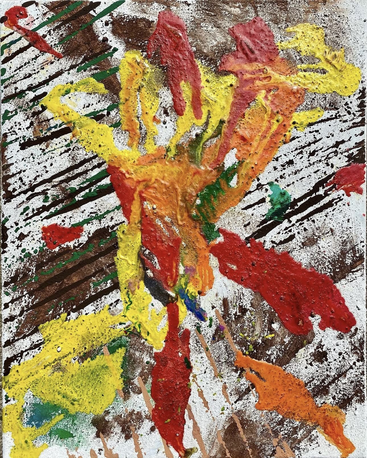 "Deconstructed Flower," 2023, mixed recycled materials and acrylic paint on canvas, 16 x 20 inches