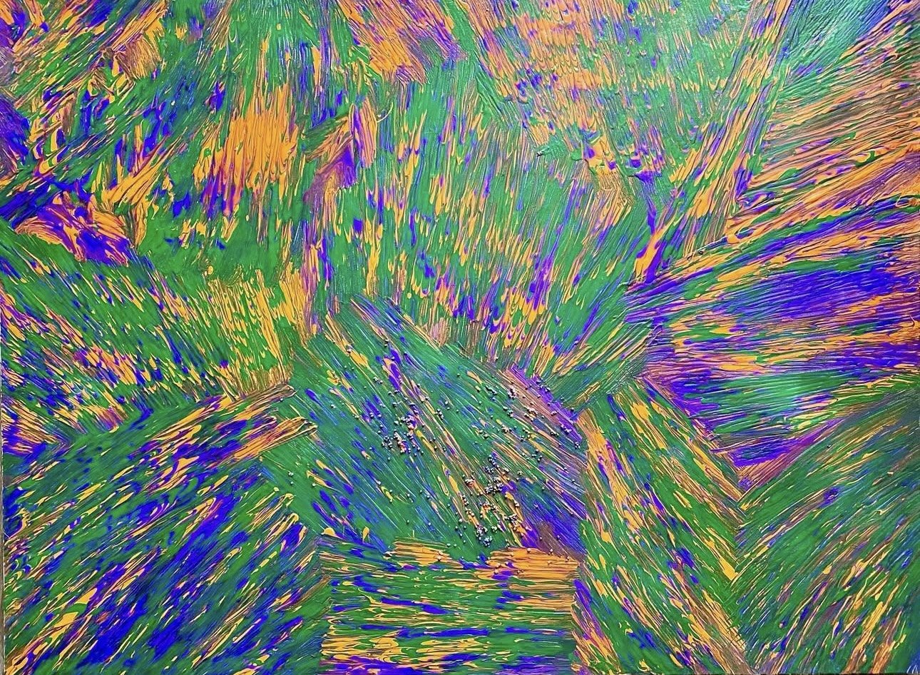 "Secondary," 2023, mixed recycled materials and acrylic paint on canvas, 48 x 36 inches