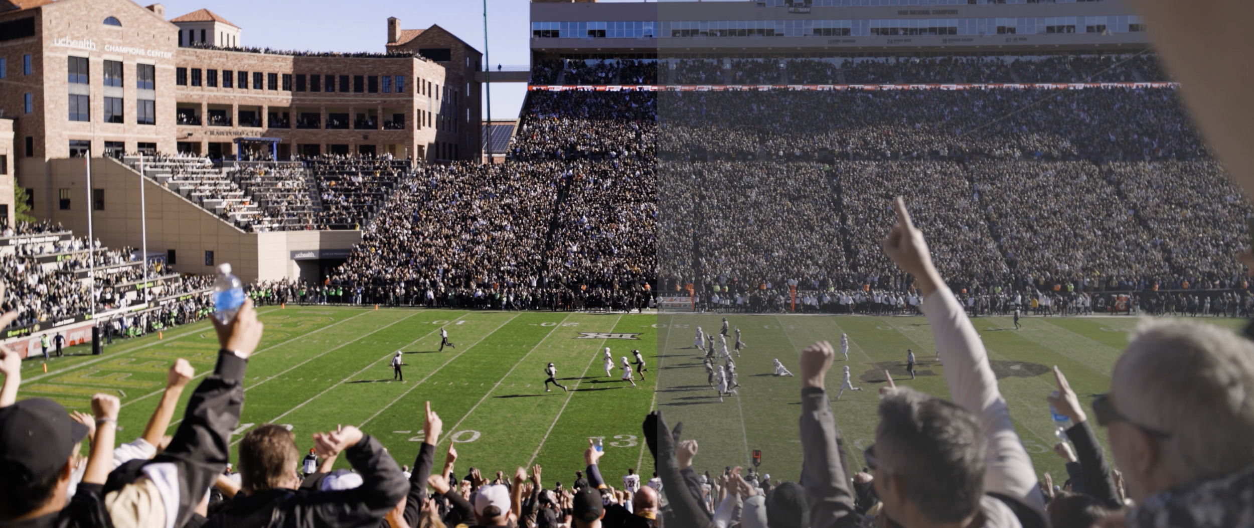 A football game at a stadium with fans in the stands, showing a side-by-side comparison of the image in original and enhanced quality.