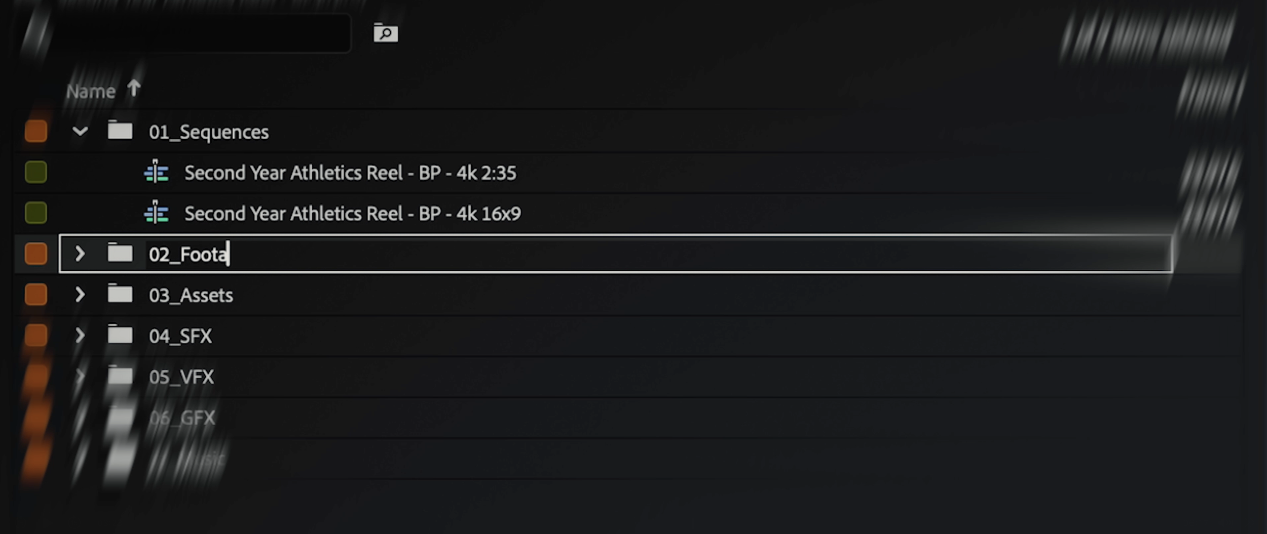 Screenshot of a digital file folder directory with several folders and files, including '01_Sequences,' '02_Foot,' and others, displayed in a dark-themed file explorer interface.
