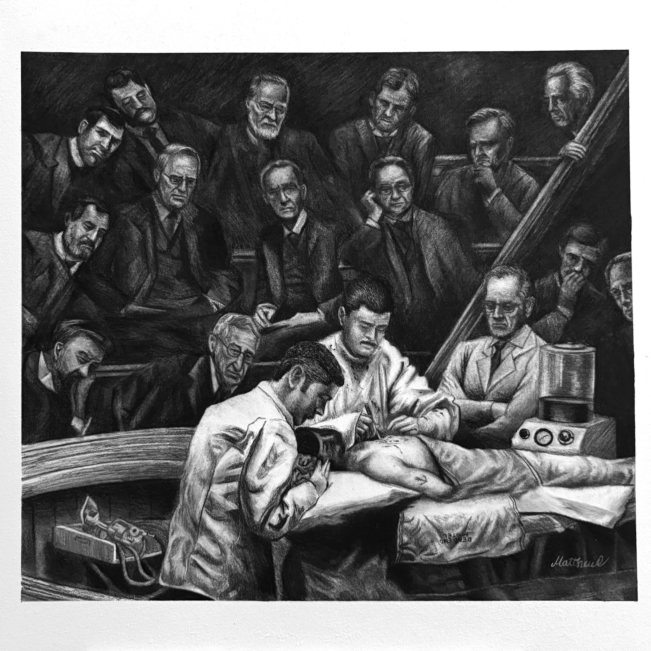 Charcoal drawing commission for a mortician, and I&rsquo;m thrilled with how it turned out. He asked for the piece to replace the original painting&rsquo;s faces with those of his colleagues and friend, and I really enjoyed creating it. Any commissio