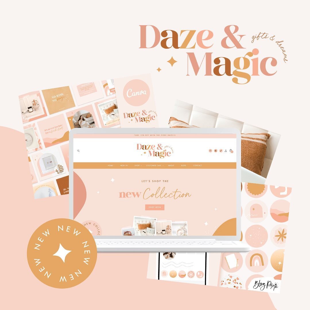 New Collection! 🤍 Daze &amp; Magic is full of all those pink and golden boho vibes, warm and inviting, the perfect branding for your joyful small business 💗 You&rsquo;ll find a Shopify theme, Instagram templates, email signature, highlight icons, t